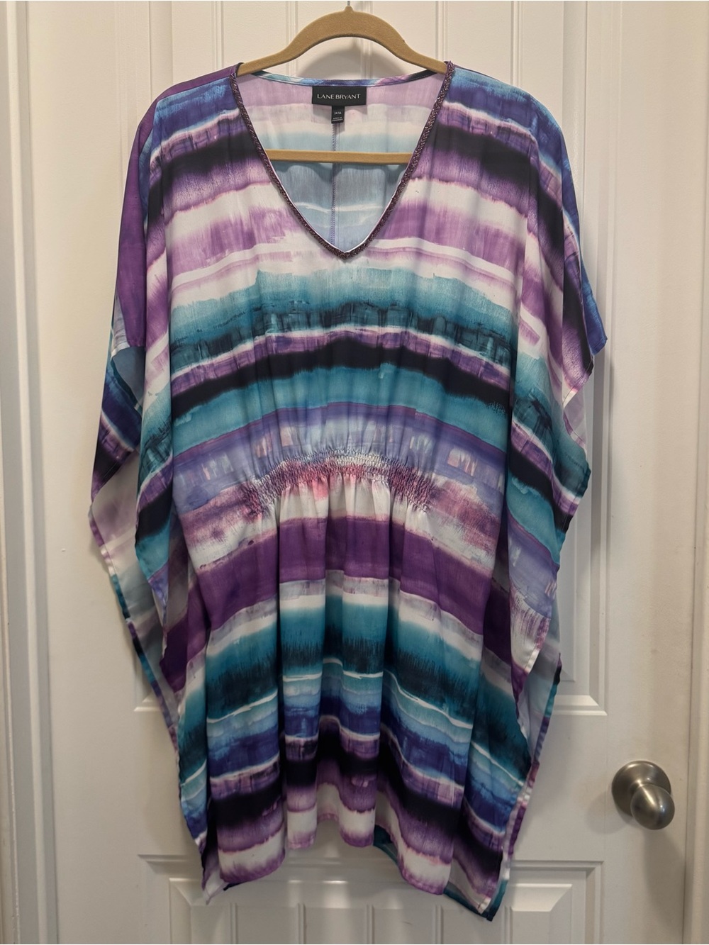 Lane Bryant Swim Kaftan Coverup 14/16 Boho Beachy Coastal Resort Striped Flowy